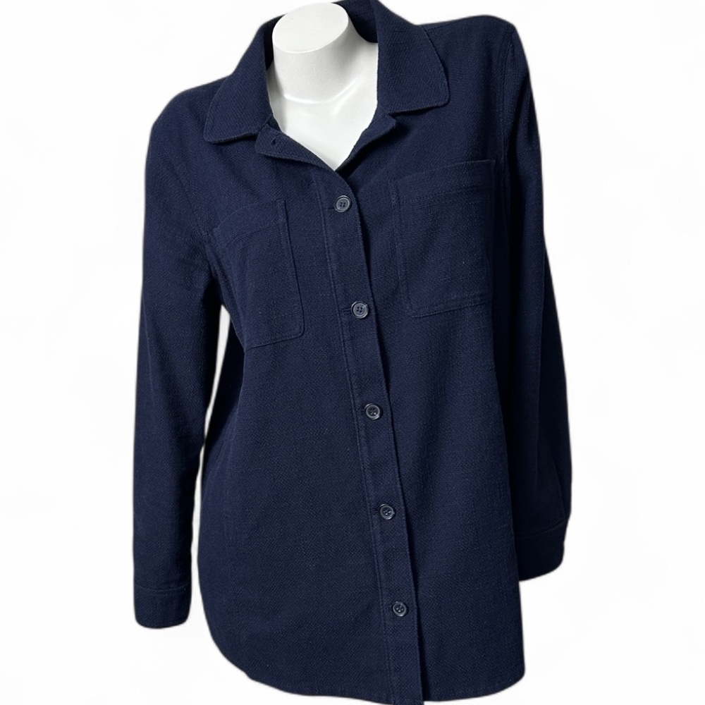 Classic TALBOTS Women's L Long-Sleeved Button-Down Large-Weave Navy Shirt-Jacket
